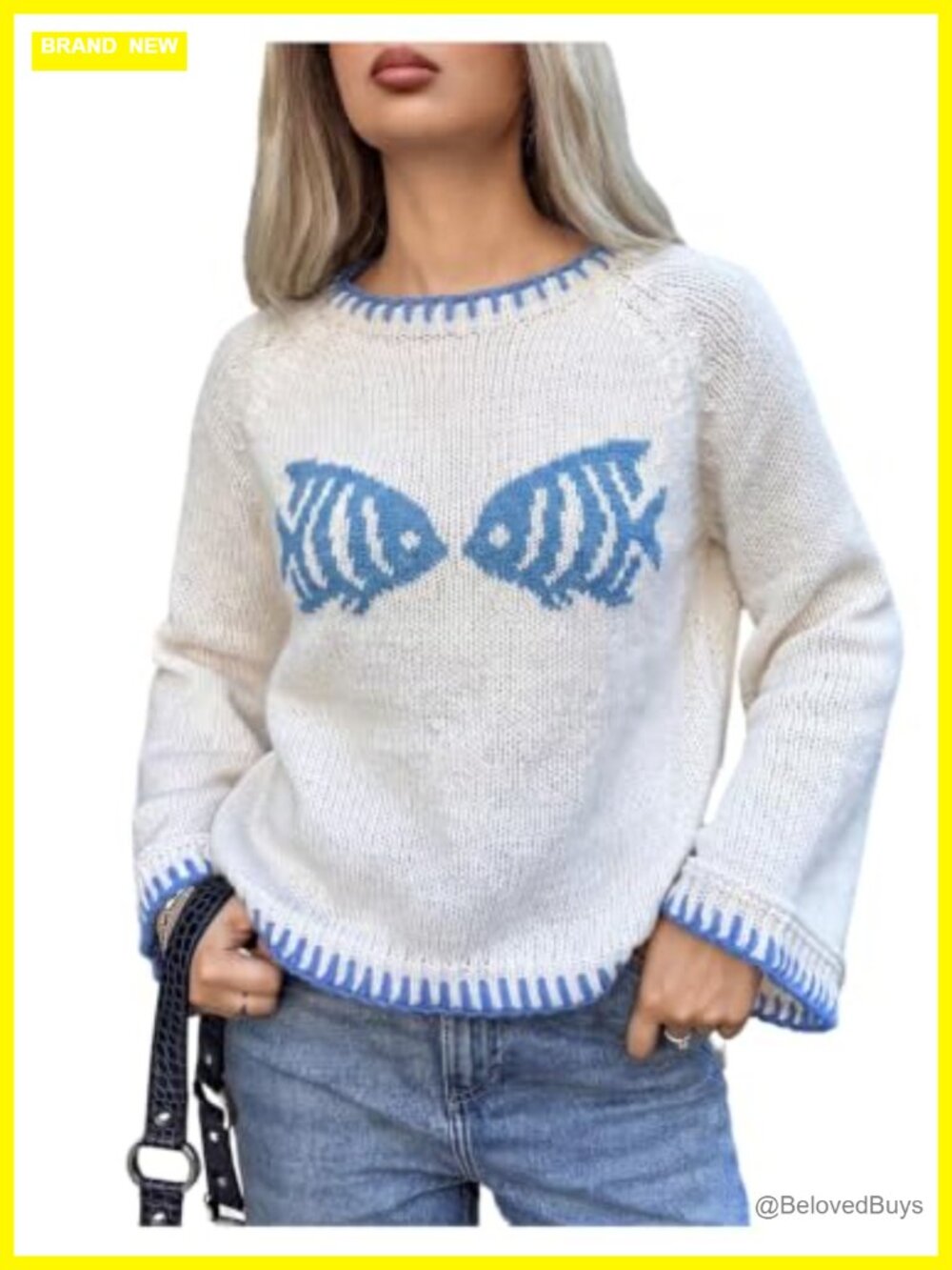 Cute Fish Sweater Cozy Knit Pullover Long Sleeve Crew Neck Loose Fit Fall